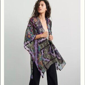 NWOT Anthropologie Shira Boho Purple Floral & Burnout Black Velvet Kimono Wrap